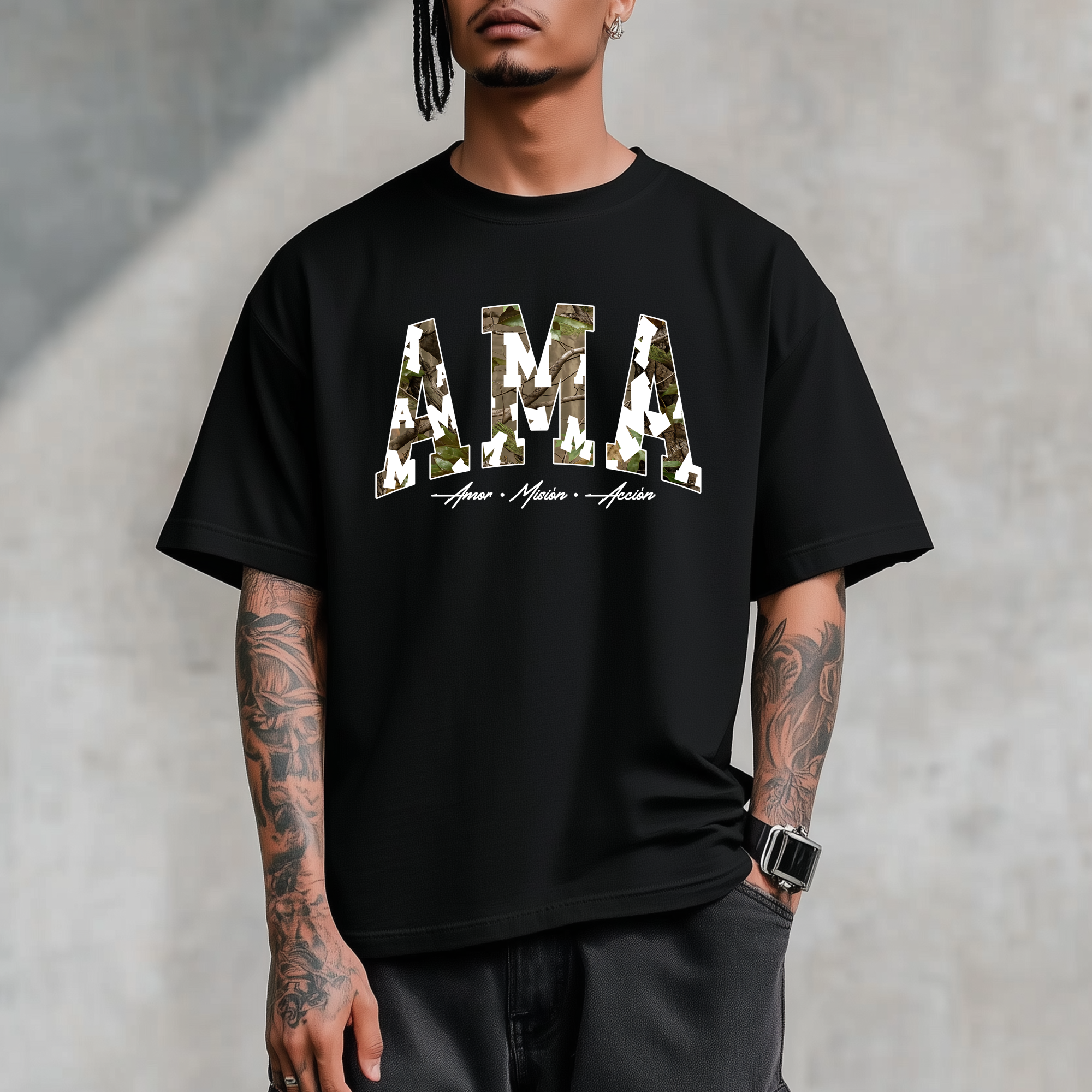 ama camo mockup 1 AMA Camo Streetwear Tee – Amor · Misión · Acción | VISTE AMA