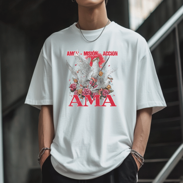 amor mision accion paloma rosas mockup 1 AMA – Amor, Misión, Acción | Camiseta Cristiana de Fe y Esperanza
