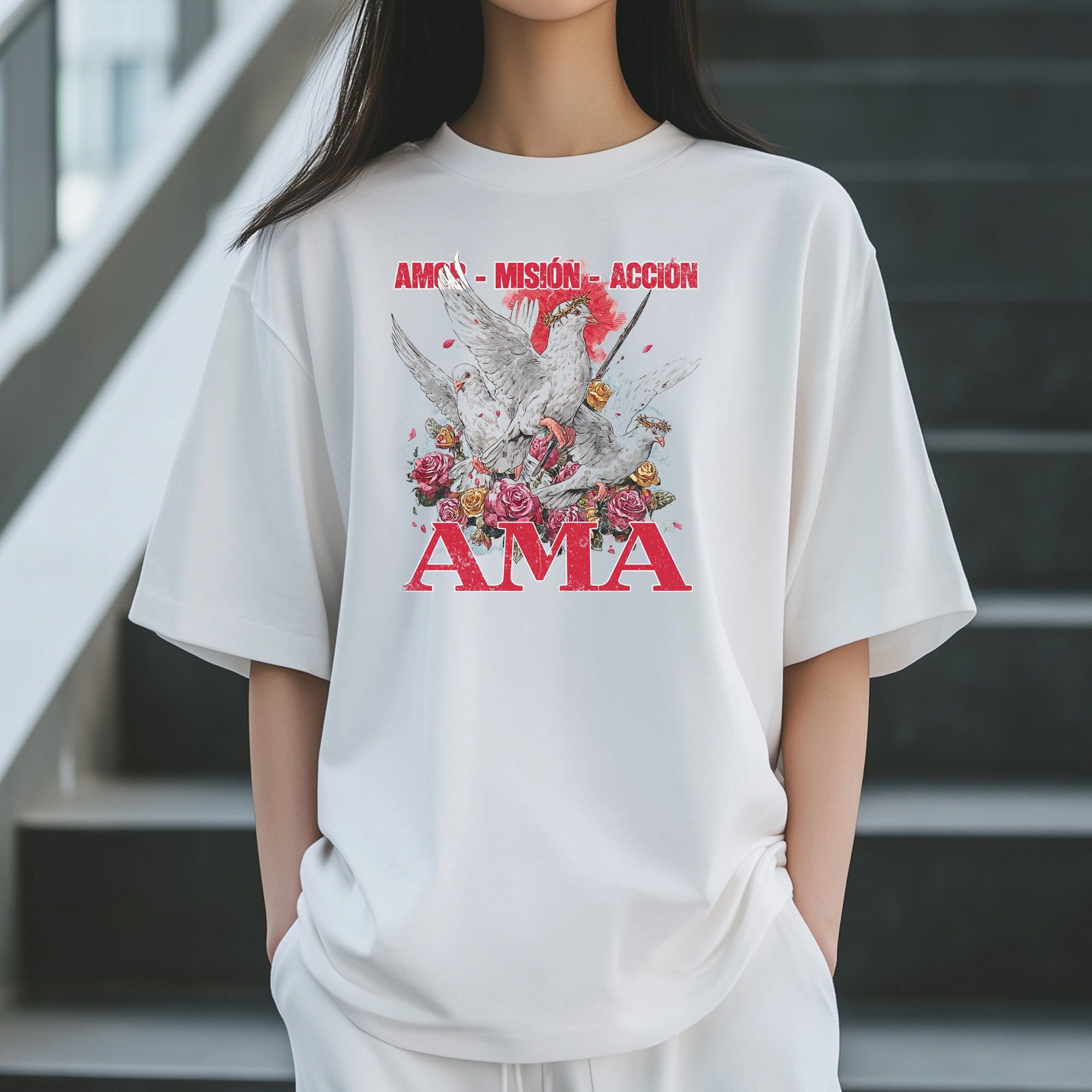 amor mision accion paloma rosas mockup 2 AMA – Amor, Misión, Acción | Camiseta Cristiana de Fe y Esperanza