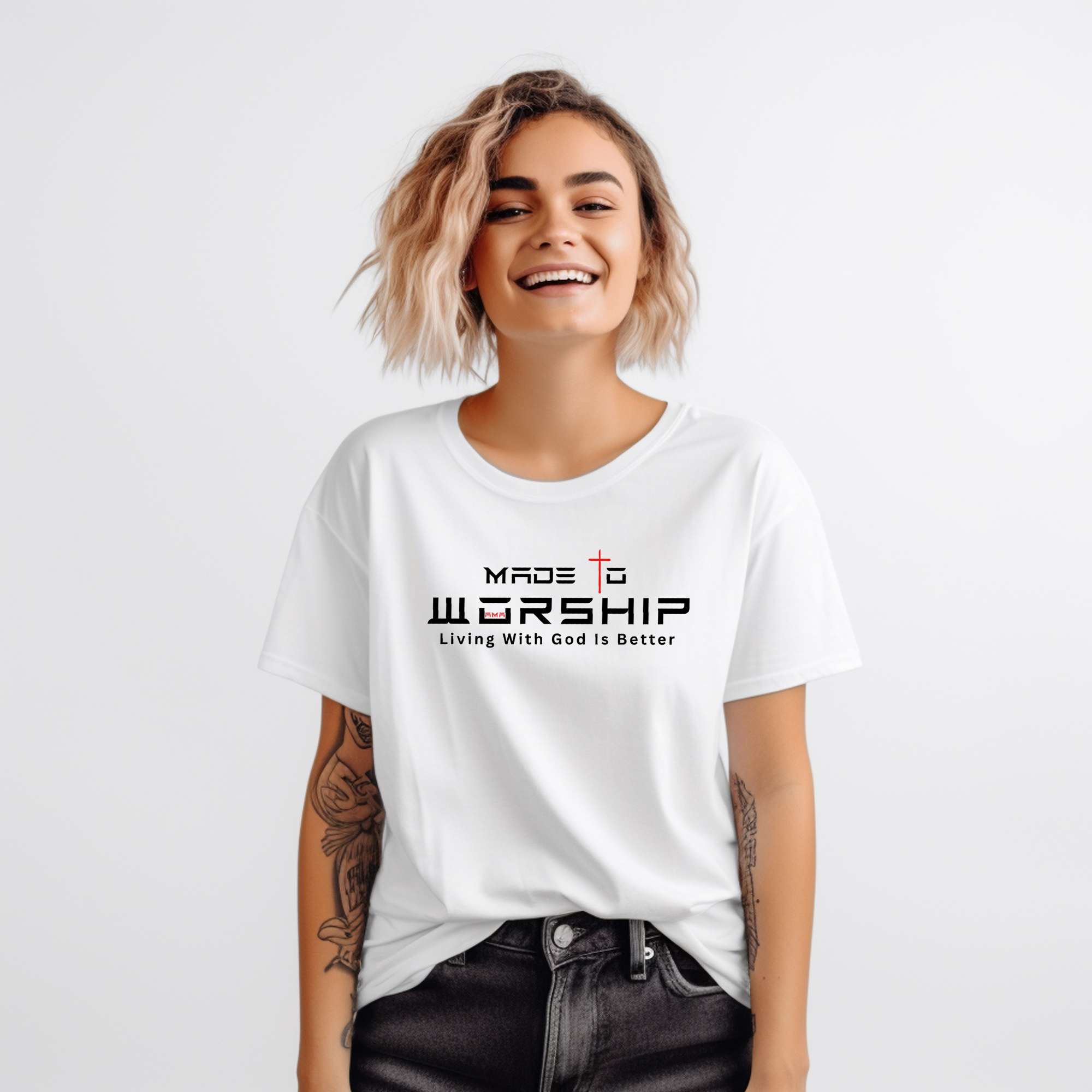 worship mockup 1 Made to Worship Christian T-Shirt – Faith Graphic Tee | Living With God Is Better