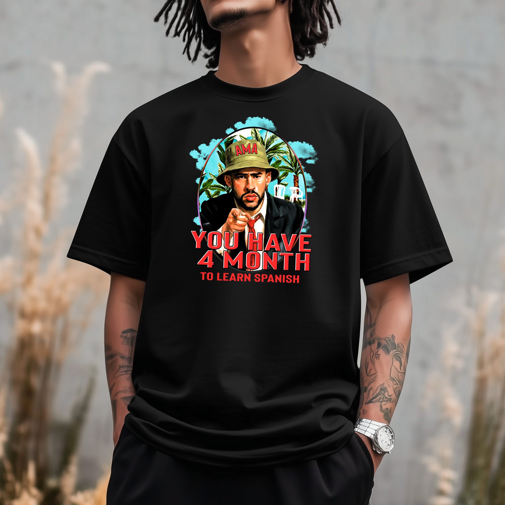 you have 4 months mockup 2 You Have 4 Month To Learn Spanish T-Shirt | Bad Bunny Super Bowl Tee | AMA Streetwear Graphic Shirt | Latino Culture Shirt | Vintage Urban Tee