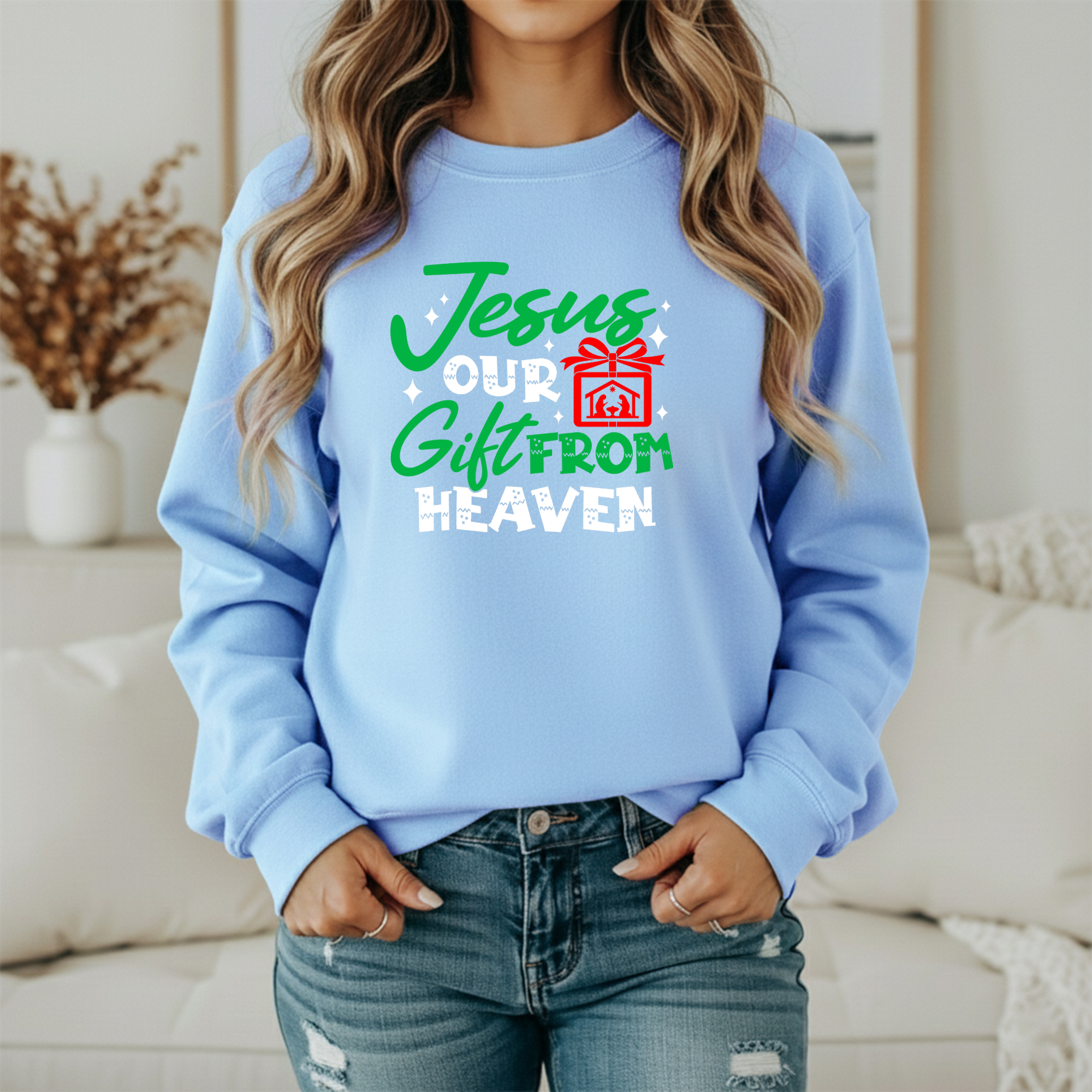 JESUS OUR GIFT SWEATSHIRT MOCKUP 3 Jesus Our Gift From Heaven Christian Christmas Sweatshirt – Festive Holiday Jesus Sweater (Unisex)