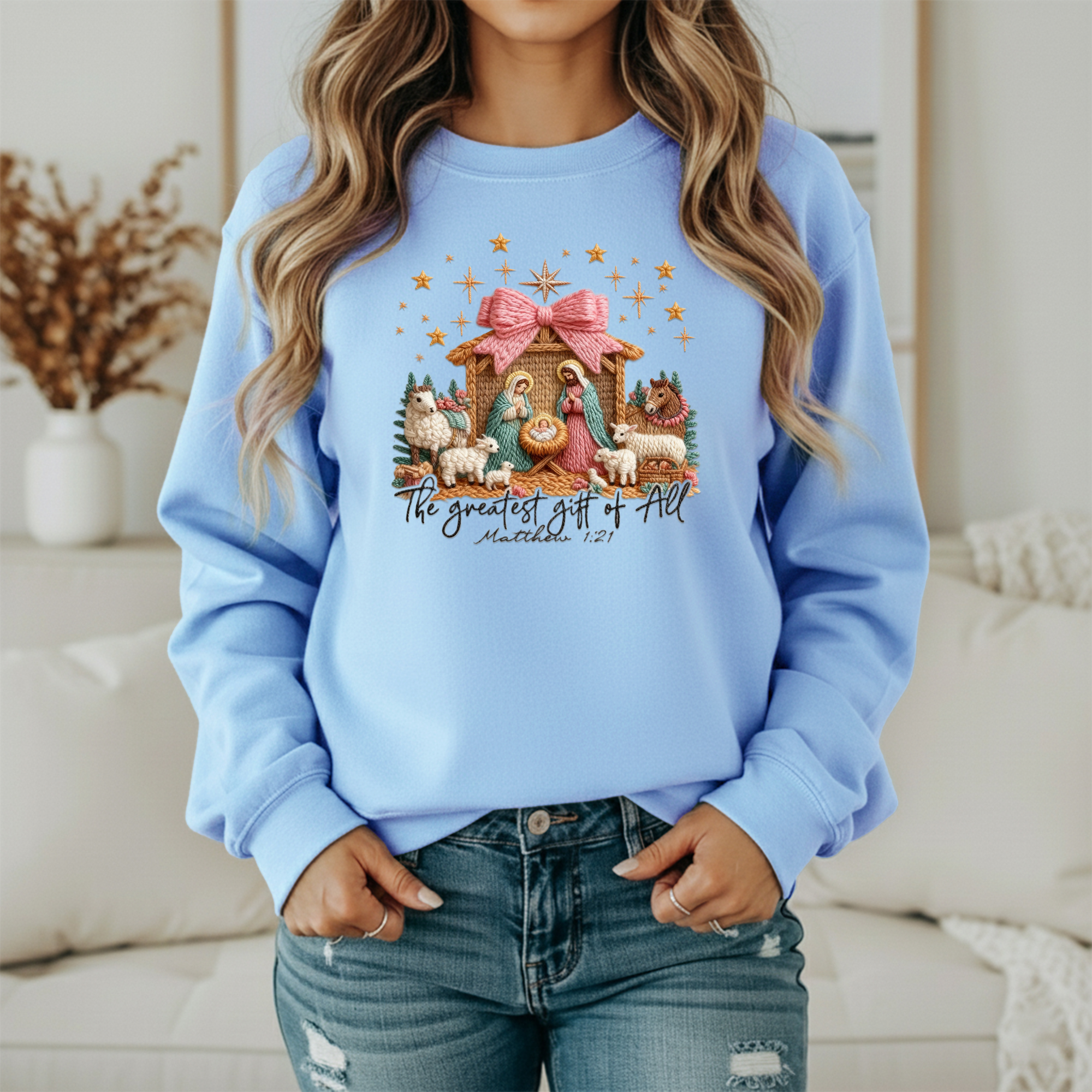 The Greatest Gift of All Christmas Sweatshirt – Nativity Matthew 1:21 Christian Holiday Sweater (Unisex)