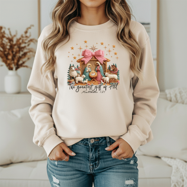 The Greatest Gift of All Christmas Sweatshirt – Nativity Matthew 1:21 Christian Holiday Sweater (Unisex)