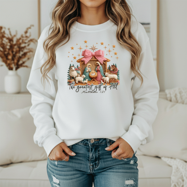 The Greatest Gift of All Christmas Sweatshirt – Nativity Matthew 1:21 Christian Holiday Sweater (Unisex)
