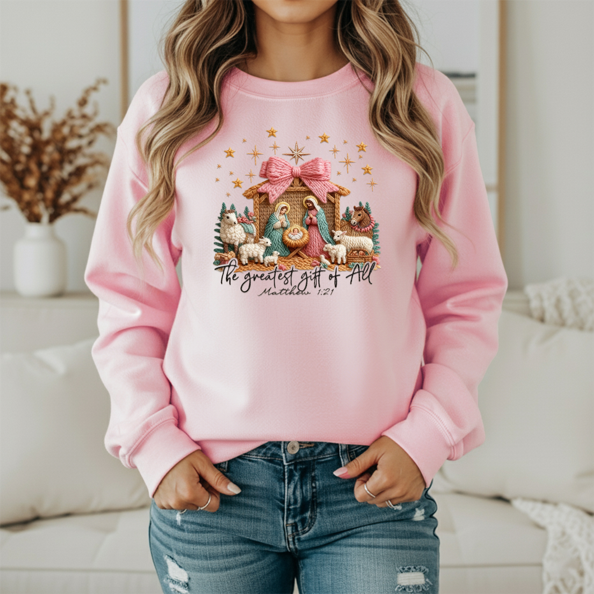 The Greatest Gift of All Christmas Sweatshirt – Nativity Matthew 1:21 Christian Holiday Sweater (Unisex)