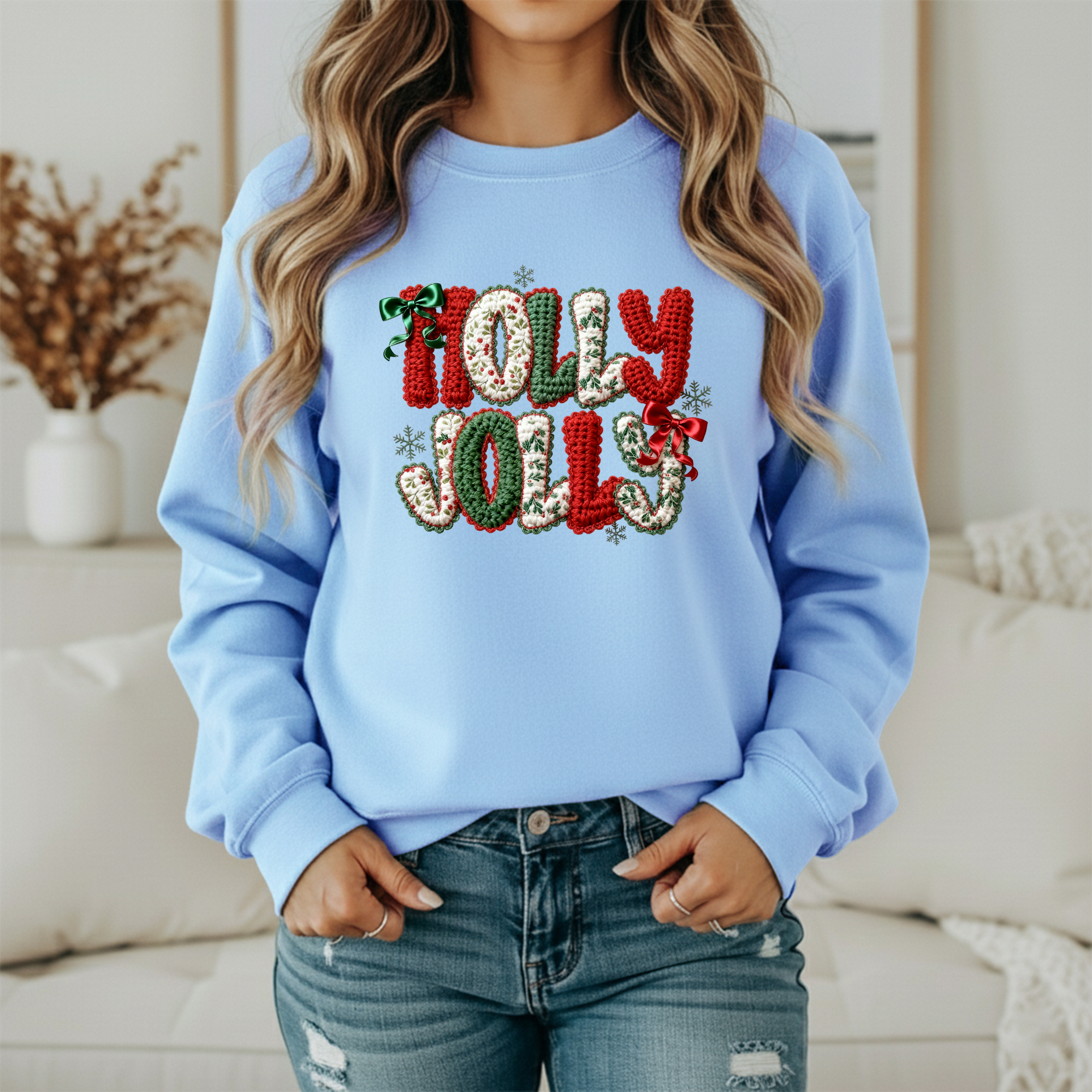 Holly Jolly Christmas Sweatshirt – Knitted Lettering Cozy Holiday Sweater (Unisex)