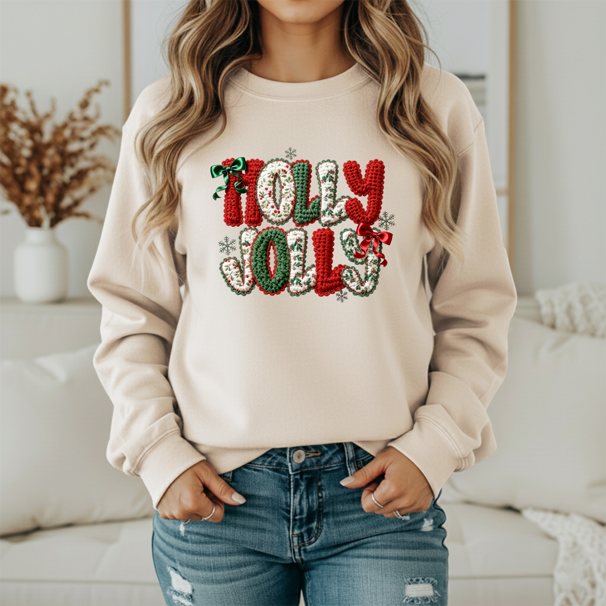 Holly Jolly Christmas Sweatshirt – Knitted Lettering Cozy Holiday Sweater (Unisex)