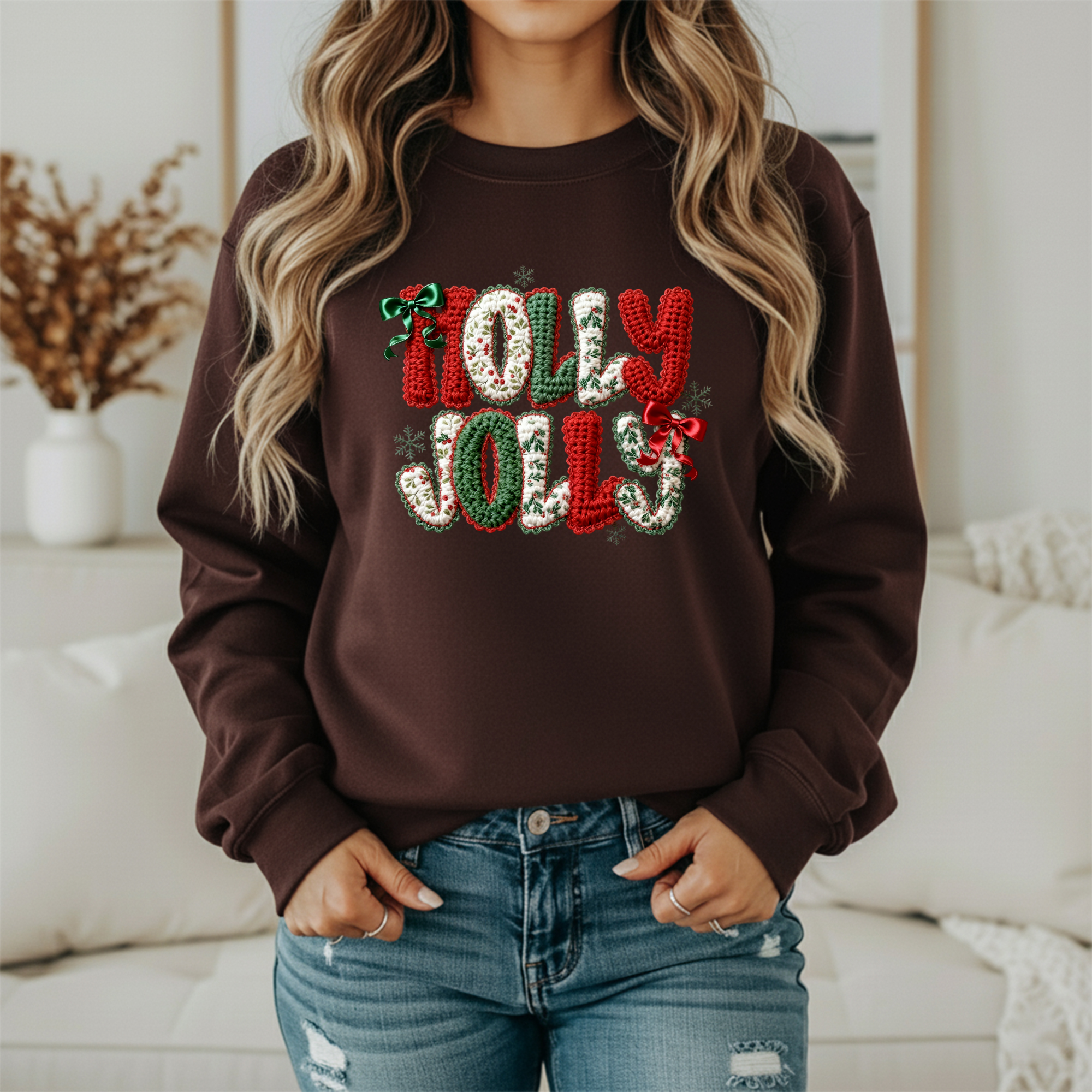 Holly Jolly Christmas Sweatshirt – Knitted Lettering Cozy Holiday Sweater (Unisex)