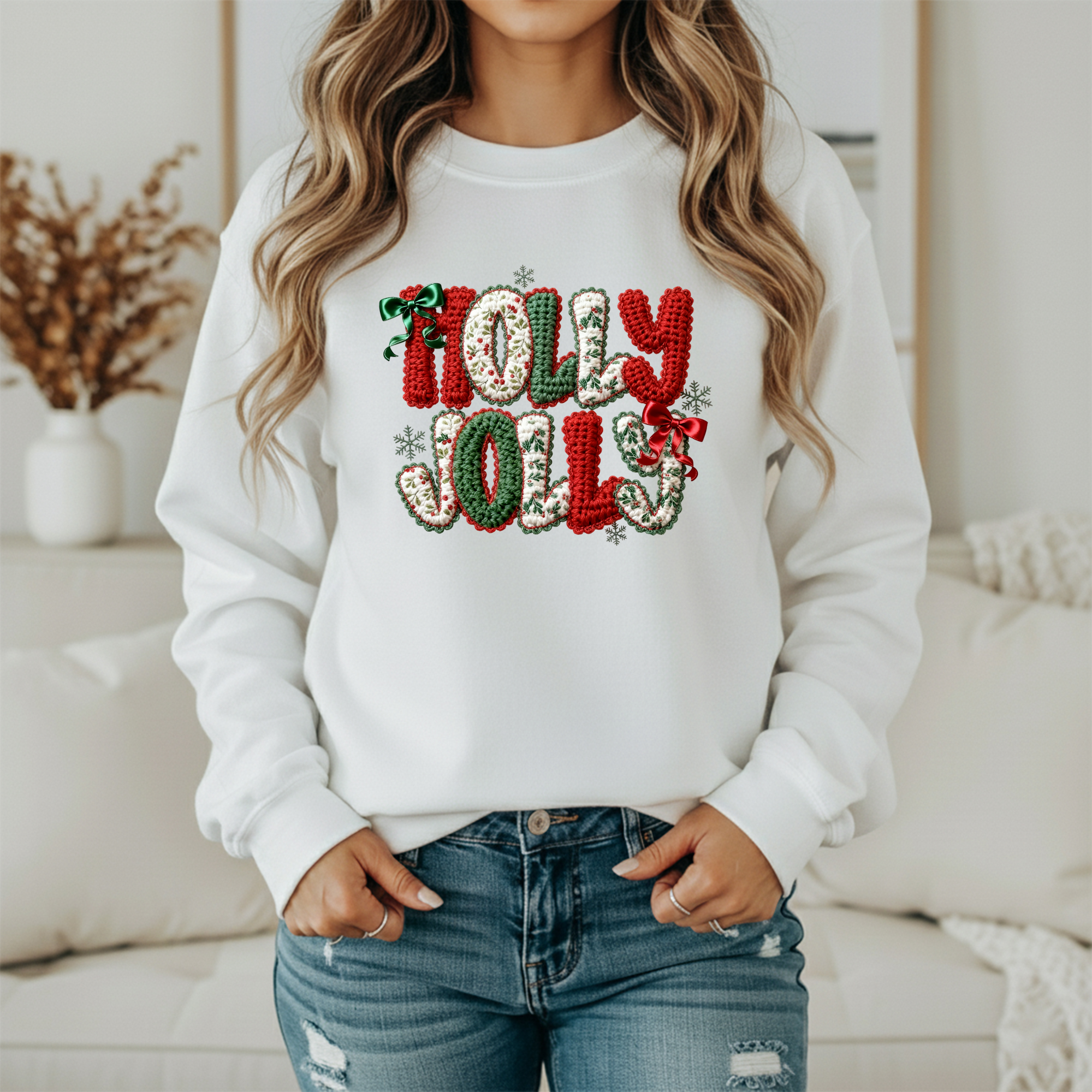 Holly Jolly Christmas Sweatshirt – Knitted Lettering Cozy Holiday Sweater (Unisex)
