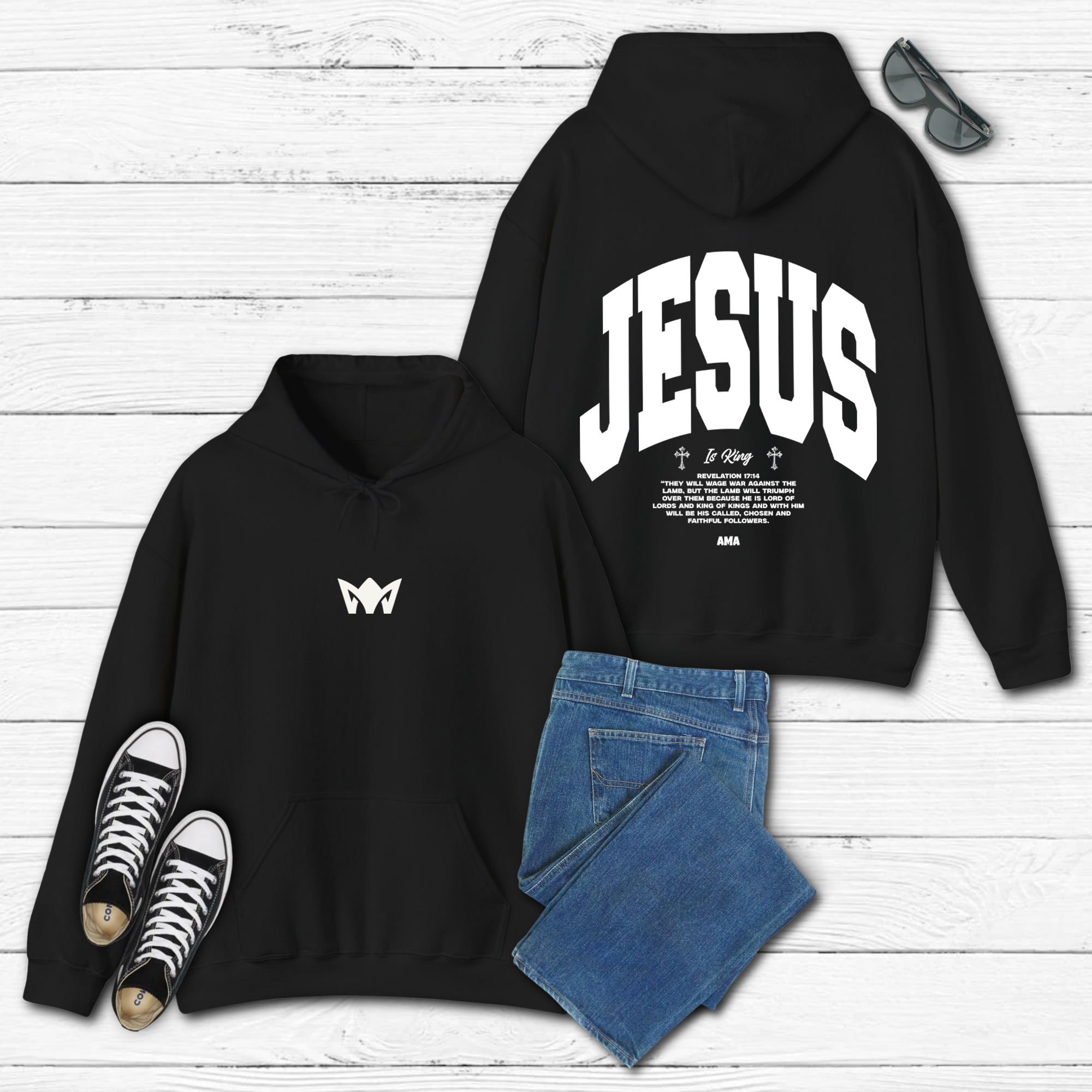 JESUS Back Print Hoodie – AMA Christian Hoodie “He Reigns” Unisex Black Sweatshirt