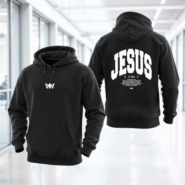 JESUS Back Print Hoodie – AMA Christian Hoodie “He Reigns” Unisex Black Sweatshirt