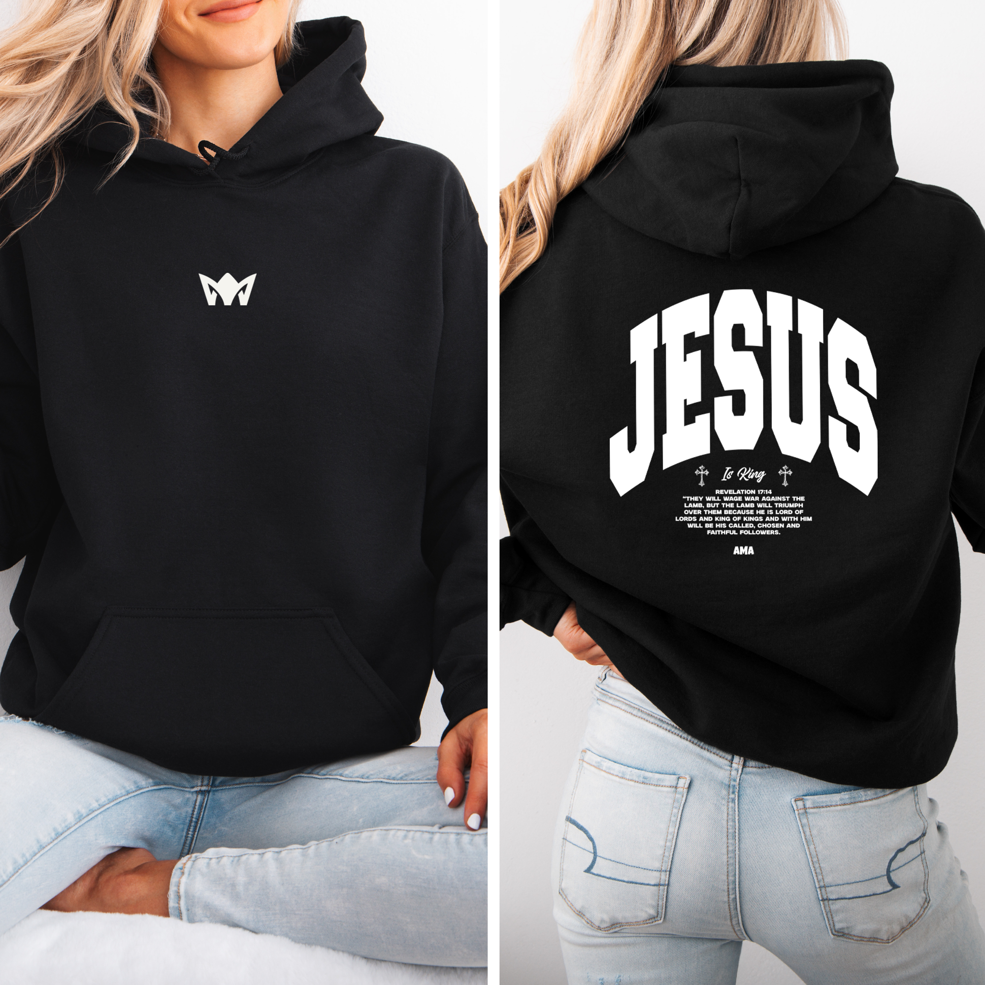 JESUS Back Print Hoodie – AMA Christian Hoodie “He Reigns” Unisex Black Sweatshirt