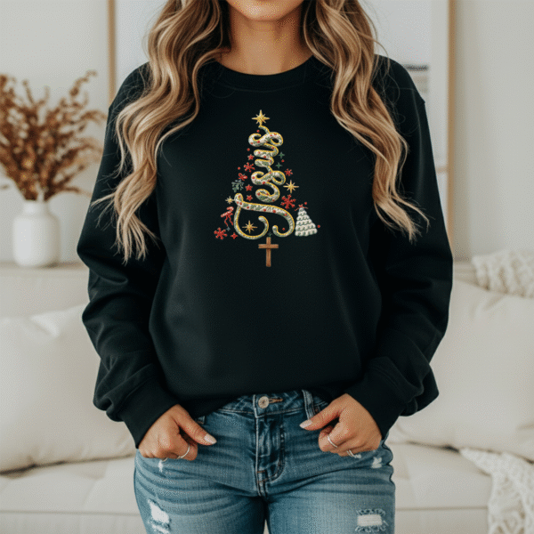 jesus tree sweatshirt mockup 2 Jesus Christmas Tree Sweatshirt – Christian “Jesus Tree” Holiday Sweater with Cross (Unisex)