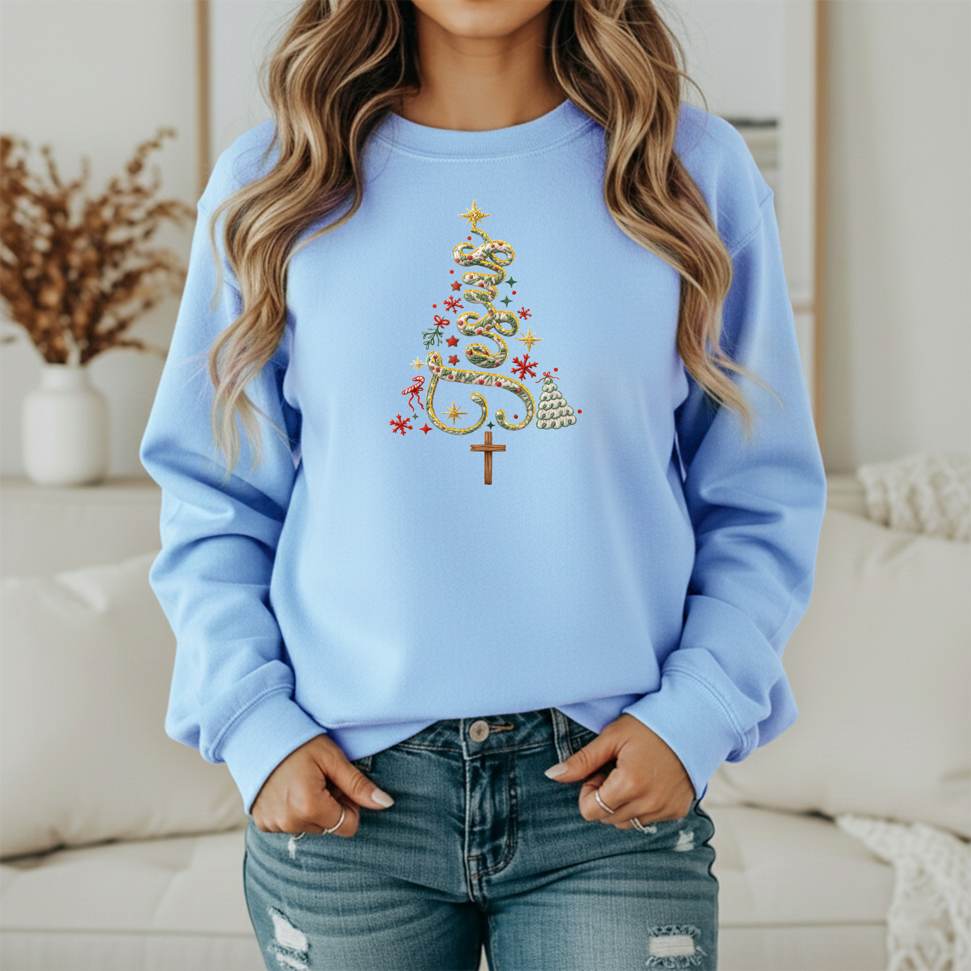 jesus tree sweatshirt mockup 4 Jesus Christmas Tree Sweatshirt – Christian “Jesus Tree” Holiday Sweater with Cross (Unisex)