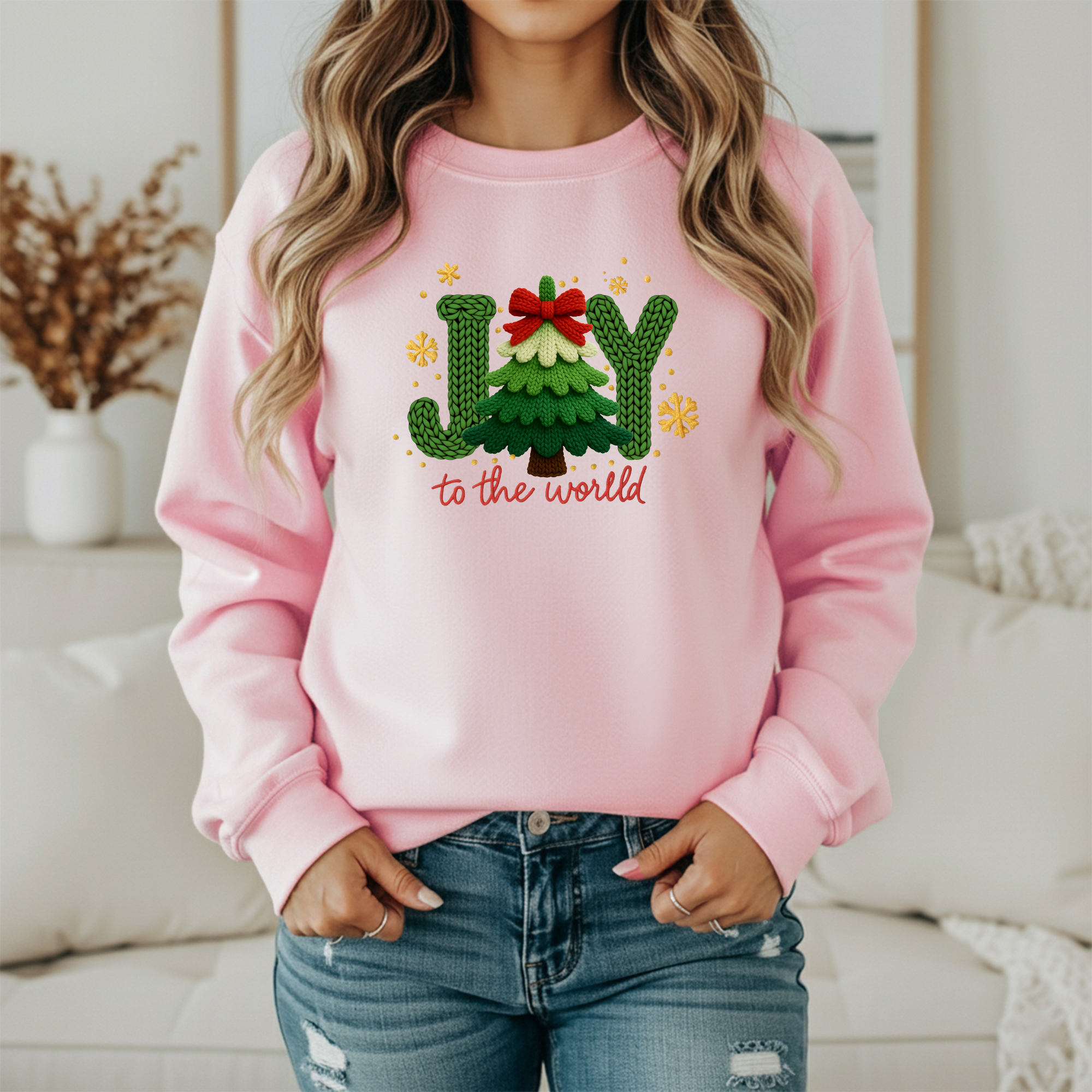 Joy to the World Christmas Sweatshirt – Cozy Knitted Tree Holiday Sweater (Unisex)