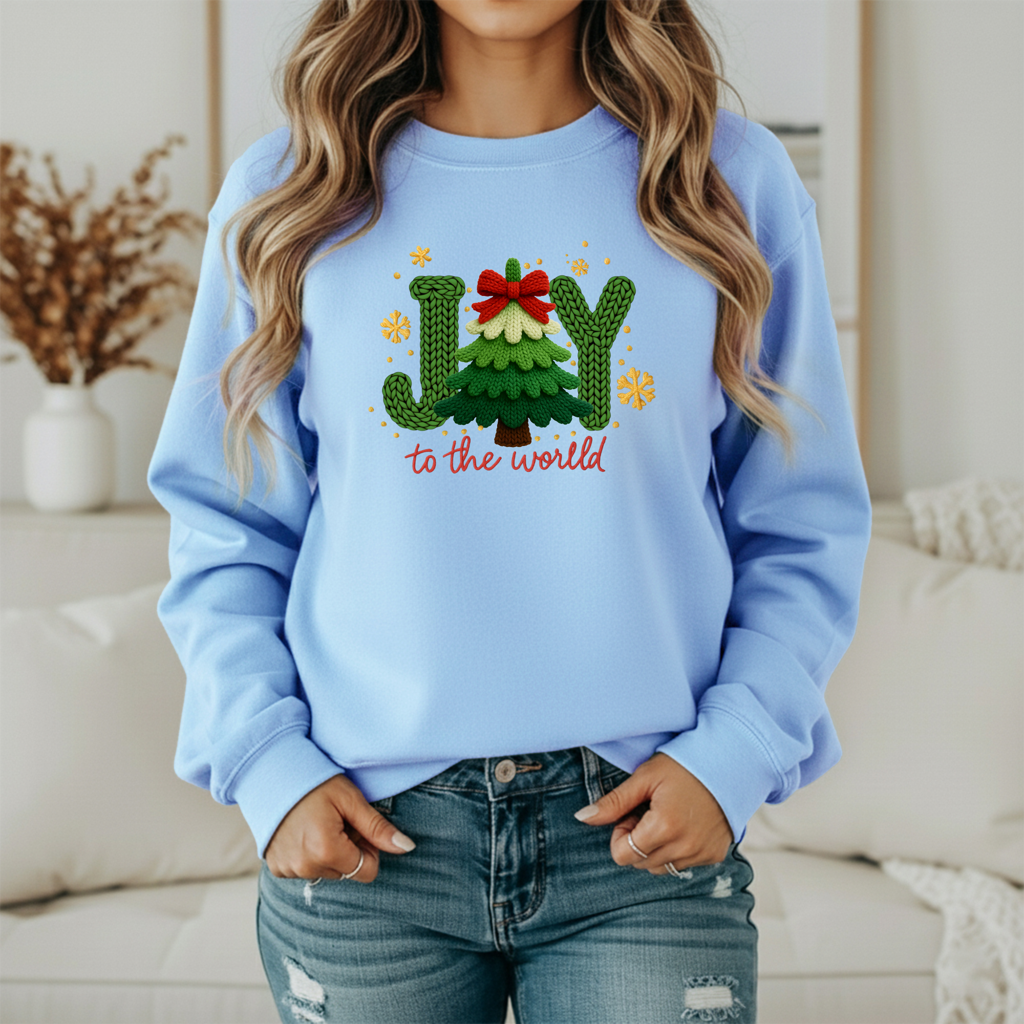 Joy to the World Christmas Sweatshirt – Cozy Knitted Tree Holiday Sweater (Unisex)