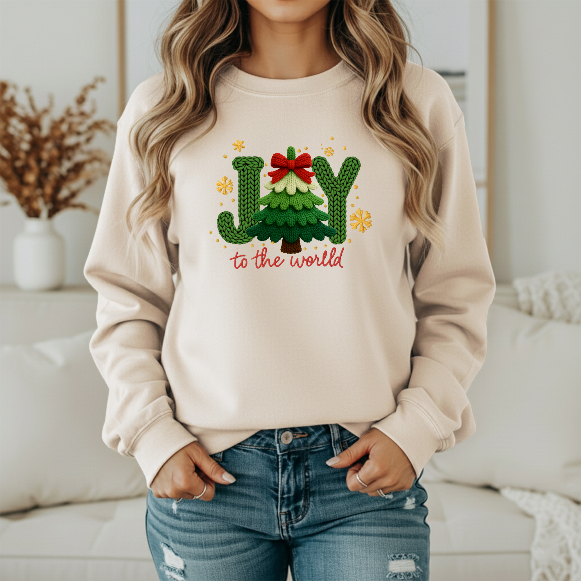 Joy to the World Christmas Sweatshirt – Cozy Knitted Tree Holiday Sweater (Unisex)