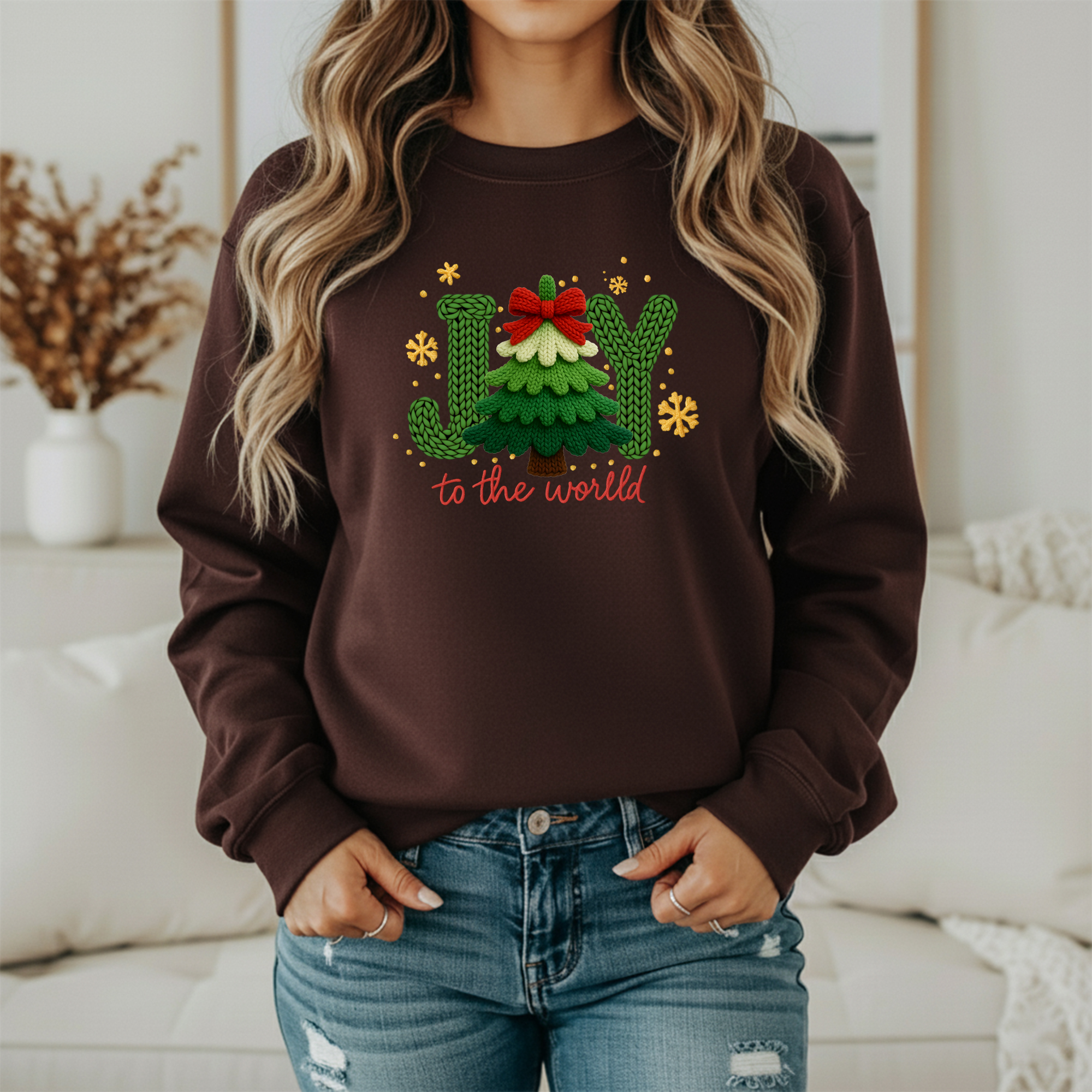 Joy to the World Christmas Sweatshirt – Cozy Knitted Tree Holiday Sweater (Unisex)