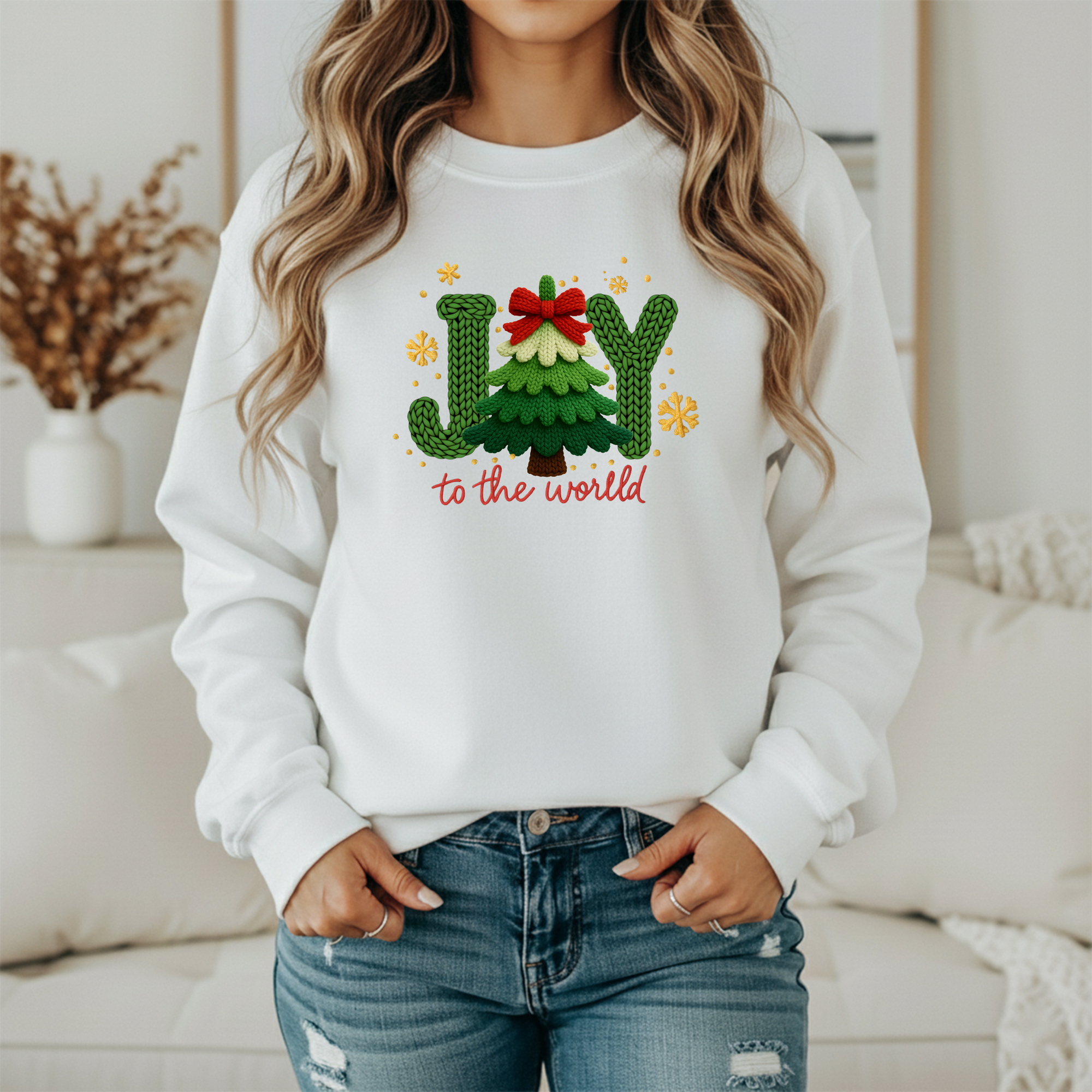 Joy to the World Christmas Sweatshirt – Cozy Knitted Tree Holiday Sweater (Unisex)