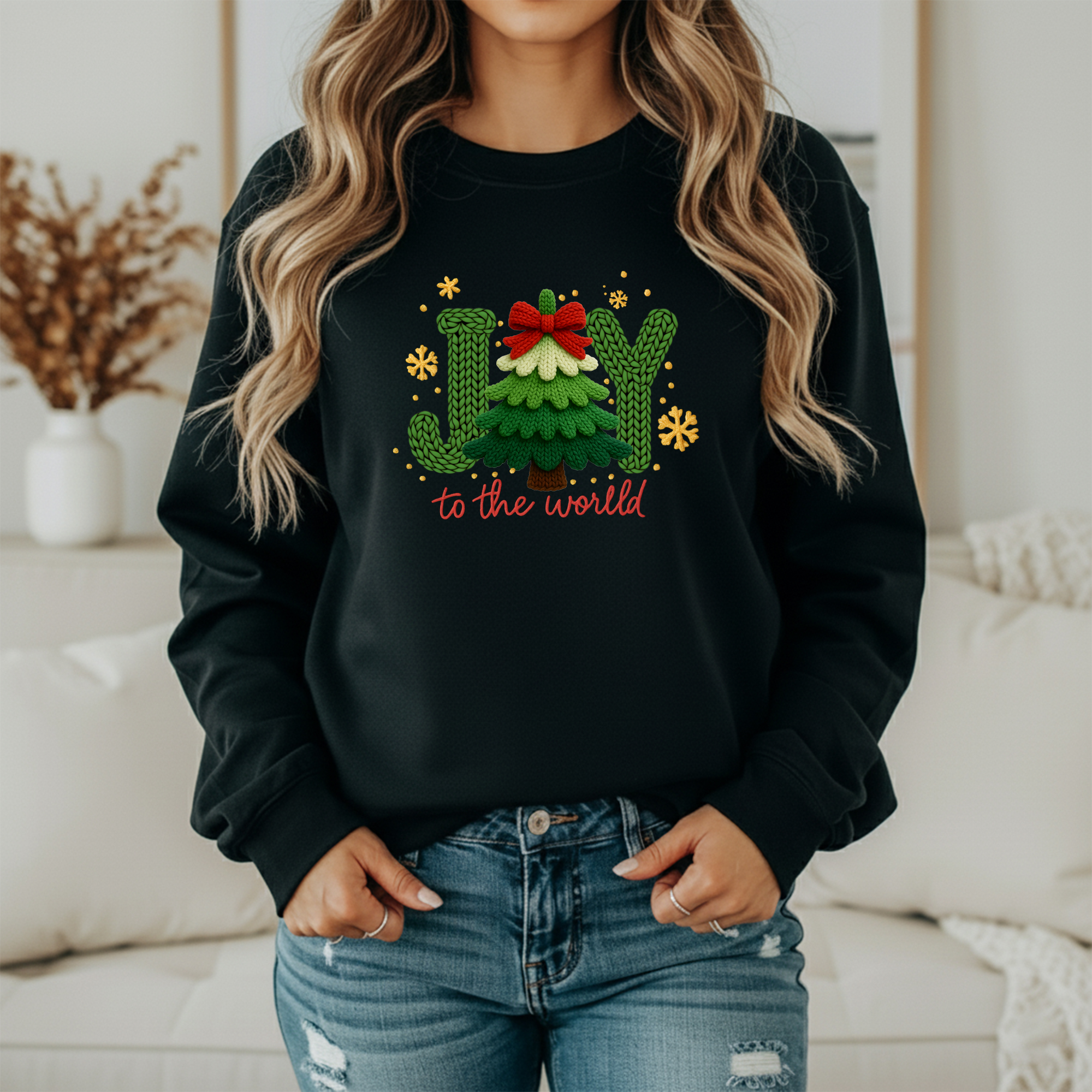Joy to the World Christmas Sweatshirt – Cozy Knitted Tree Holiday Sweater (Unisex)