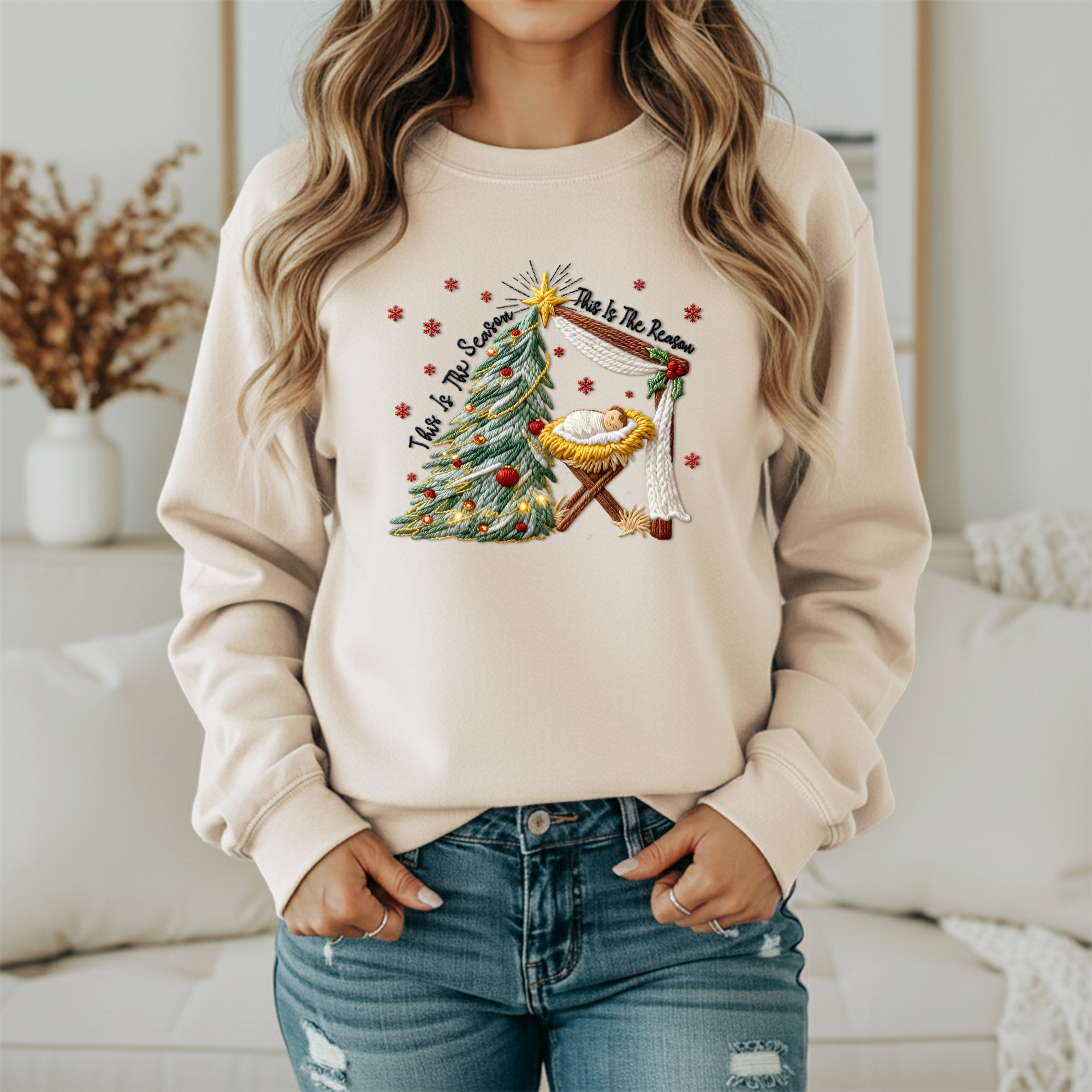 This Is The Season This Is The Reason Christian Christmas Sweatshirt – Nativity & Tree Holiday Sweater (Unisex)