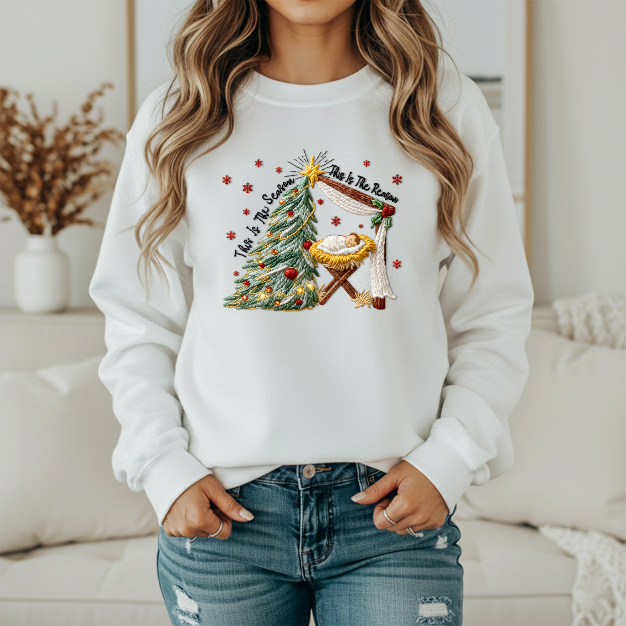 This Is The Season This Is The Reason Christian Christmas Sweatshirt – Nativity & Tree Holiday Sweater (Unisex)
