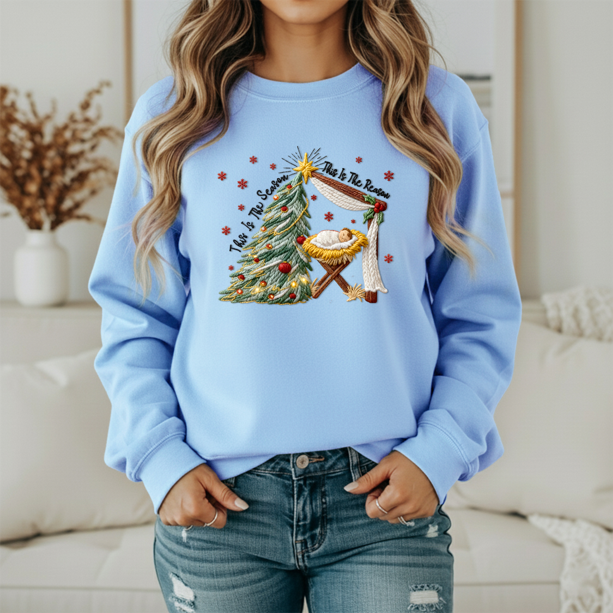 This Is The Season This Is The Reason Christian Christmas Sweatshirt – Nativity & Tree Holiday Sweater (Unisex)