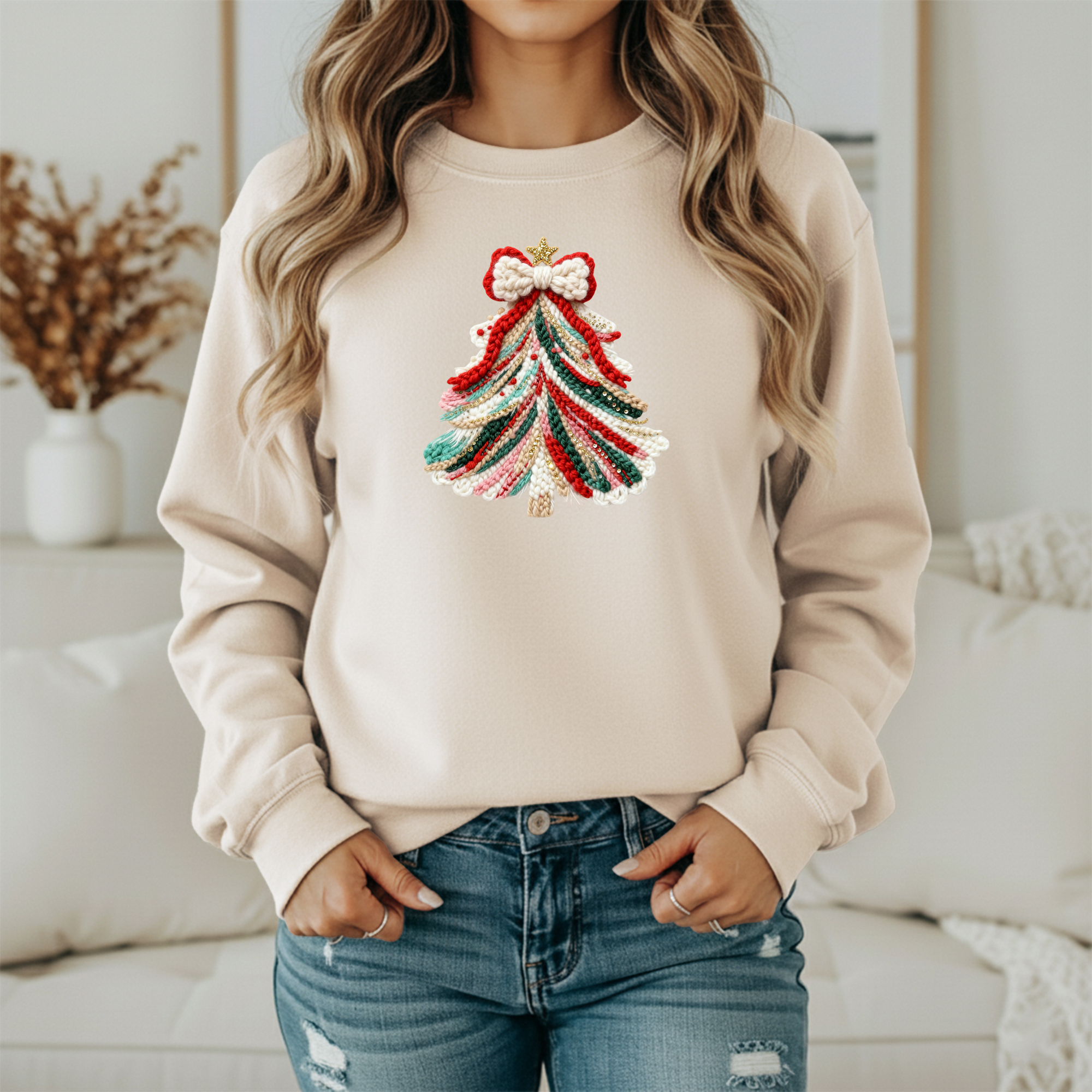 Knitted Christmas Tree Sweatshirt – Cozy Holiday Pullover Christmas Sweater (Unisex)
