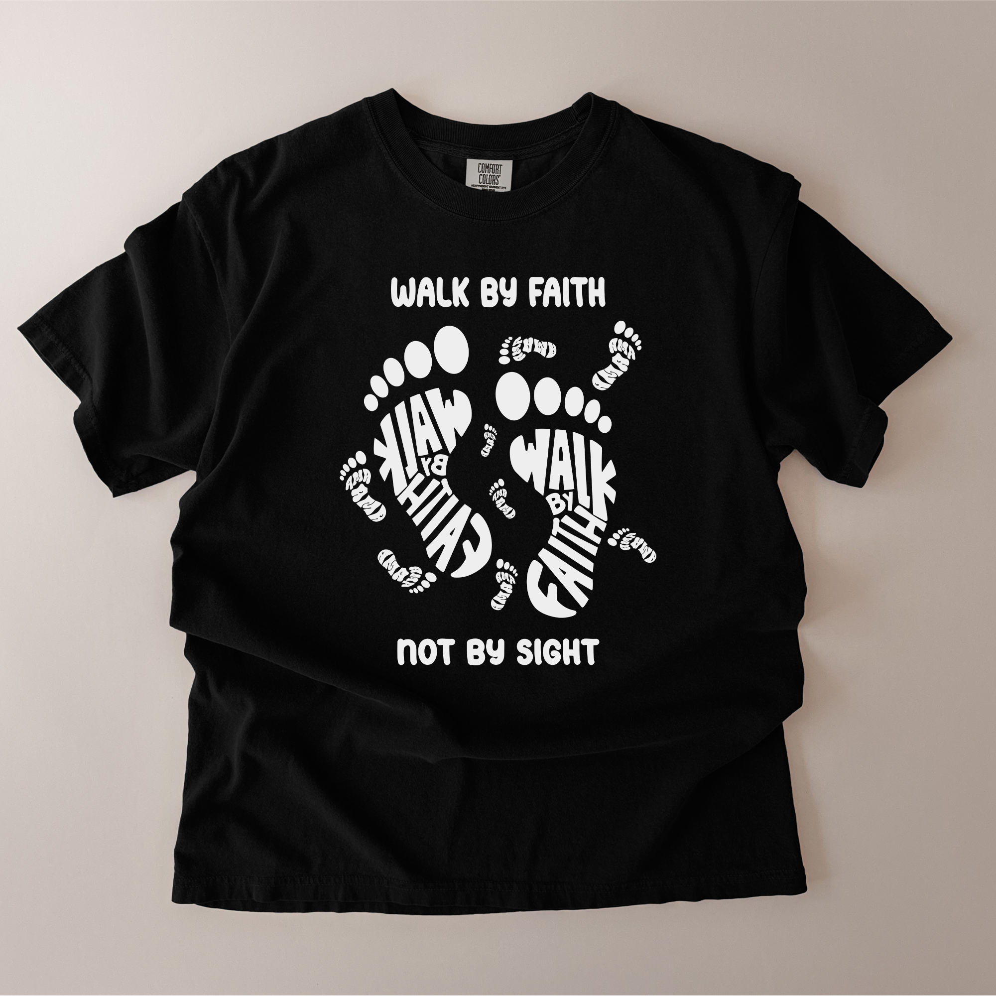 walk by faith tshirt mockup 2 Walk By Faith Not By Sight Christian T-Shirt – 2 Corinthians 5:7 Bible Verse Tee (Unisex)