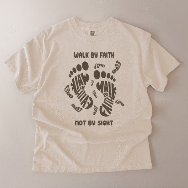 walk by faith tshirt mockup 5 Walk By Faith Not By Sight Christian T-Shirt – 2 Corinthians 5:7 Bible Verse Tee (Unisex)